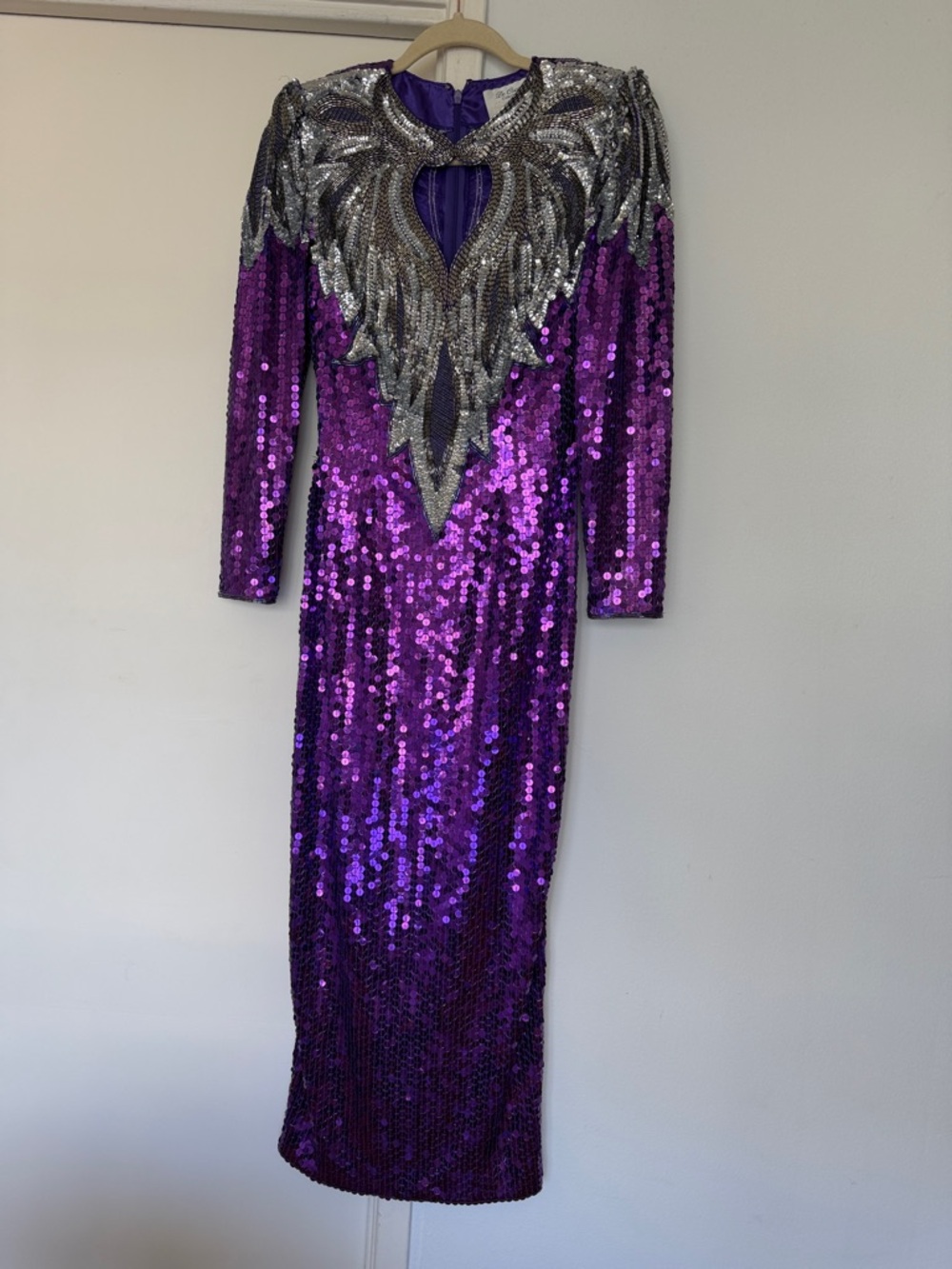 Purple Sequin Long-Sleeve Evening Gown with Silver Beaded Yoke